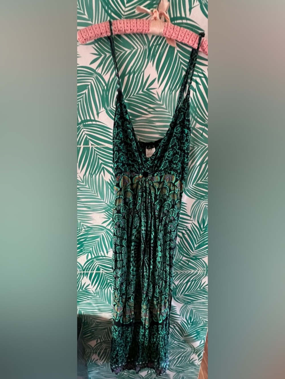 Green Patterned Maxi Dress with Spaghetti Straps L/XL